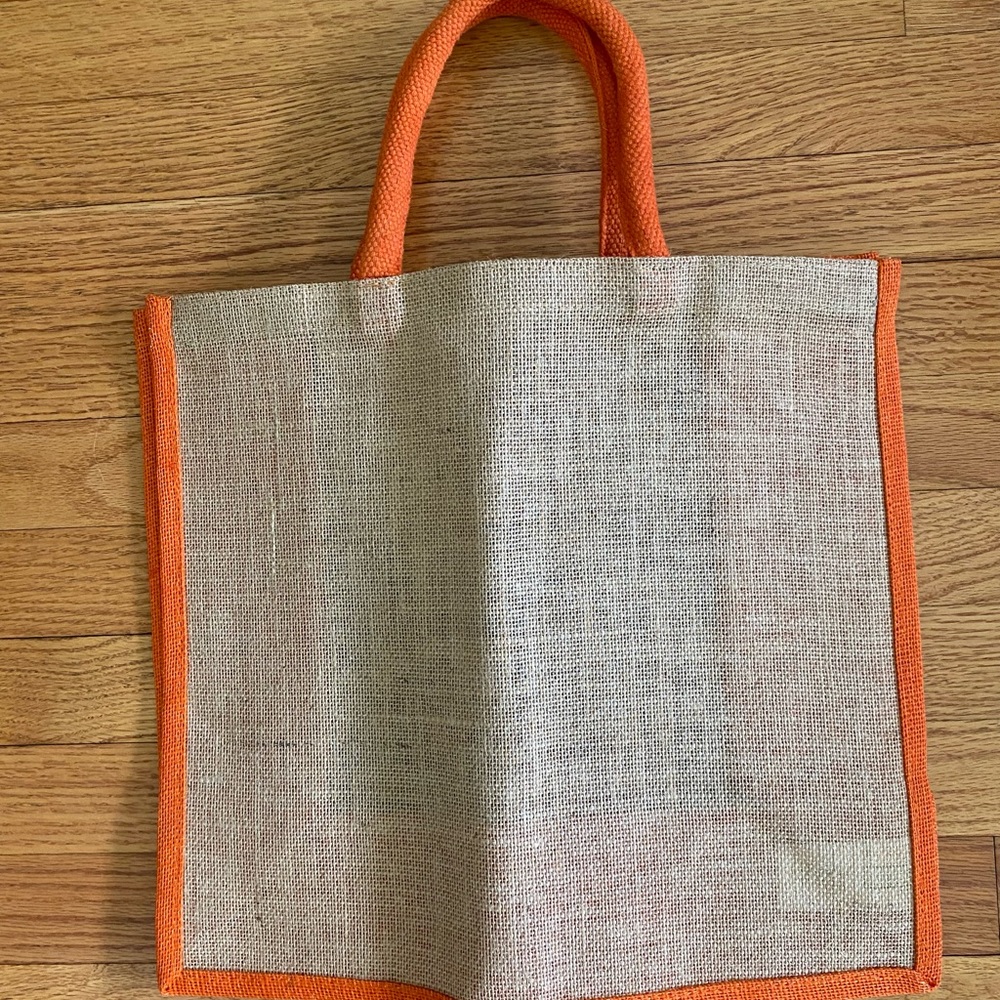 BagCo St. Pierre Tote Orange Tan Large H15” Jute Bag Burlap Open Tote New - Picture 2 of 8